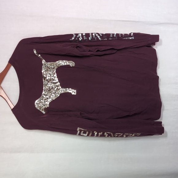 Victoria's Secret PINK Burgundy Cotton Long Sleeve Sequin Tee Size large - Picture 6 of 6